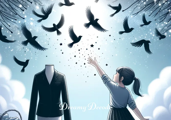 black clothes dream meaning _ The girl, reaching out curiously towards the black clothes, watches as they transform into a flock of black birds, symbolizing freedom and the unknown, and fly off into a brightening sky, leaving a trail of sparkling stardust.