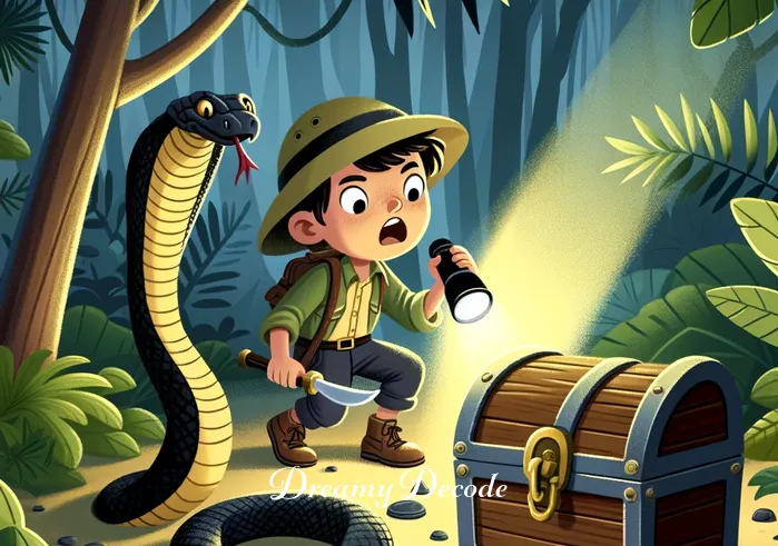black cobra dream meaning _ A young adventurer with a flashlight uncovering an ancient treasure chest in a jungle, with the black cobra coiled around a tree, watching curiously.
