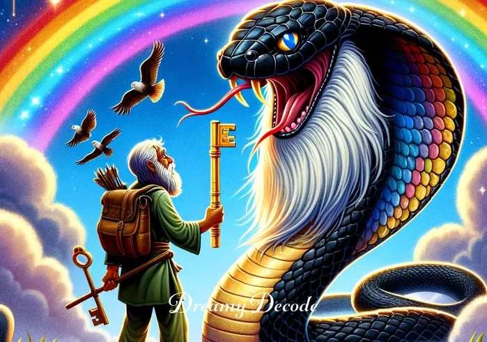 black cobra dream meaning _ The black cobra transforming into a wise old man with a long, white beard, handing a golden key to the young adventurer under a rainbow.