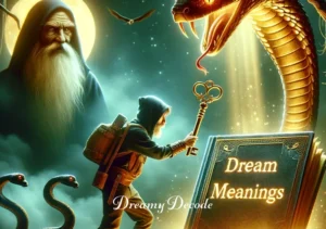 black cobra dream meaning _ The adventurer using the golden key to unlock a mysterious, glowing book labeled 'Dream Meanings,' with the wise old man and the black cobra's shadow in the background.