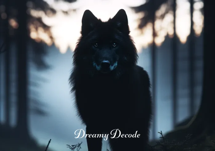black wolf attack dream meaning _ A silhouette of a majestic black wolf standing at a distance, its eyes reflecting a gentle glow, creating a sense of intrigue and wonder.