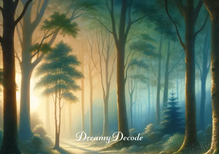 black wolf attack dream meaning _ A dreamy landscape showing a person facing the black wolf, symbolizing confrontation, with both figures enveloped in a misty aura suggesting a dream-like state.