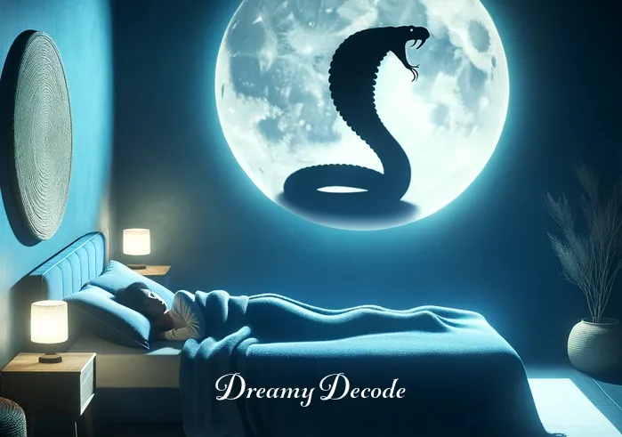 black cobra in dream spiritual meaning _ A person peacefully sleeping in a moonlit room, with a shadow of a black cobra on the wall, symbolizing the onset of a dream about the snake.