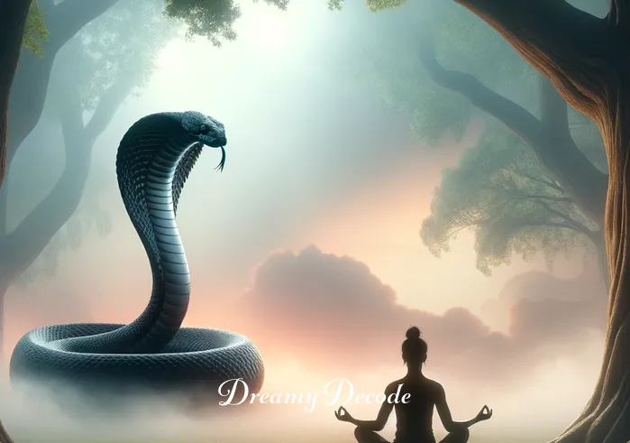 black cobra in dream spiritual meaning _ The dreamer now facing the black cobra, which is calmly coiled, indicating introspection and facing one