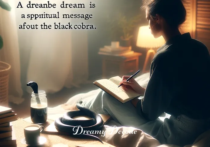 black cobra in dream spiritual meaning _ The person waking up from the dream, jotting down thoughts in a journal by the bedside, symbolizing reflection and understanding of the dream's spiritual message.