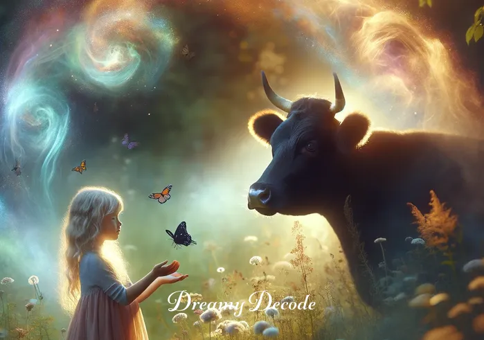 black cow dream meaning _ A young girl in a sunlit meadow, gazing in wonder at a gentle black cow that appears amidst a swirl of colorful dreamy mist, with butterflies flitting around.