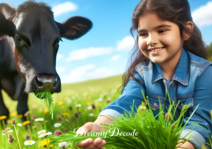 black cow dream meaning _ The black cow approaches the girl, who reaches out with a smile, offering a handful of fresh, green grass to the cow under a bright blue sky.