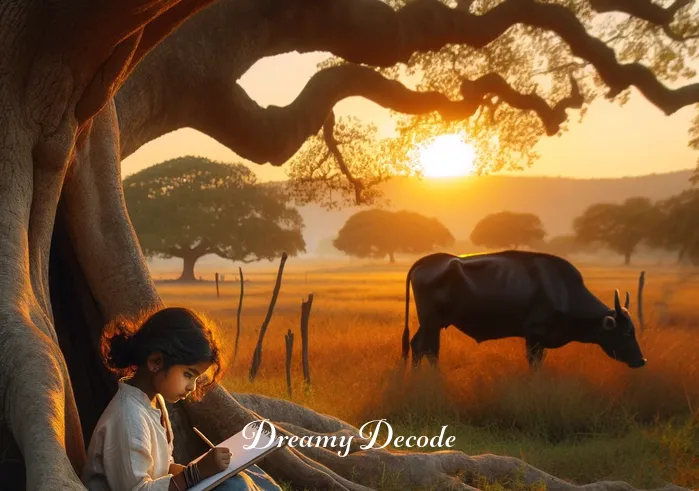 black cow dream meaning _ In the final scene, the girl is sitting under an ancient oak tree, sketching the black cow in her notebook, surrounded by the serene beauty of the meadow at sunset.