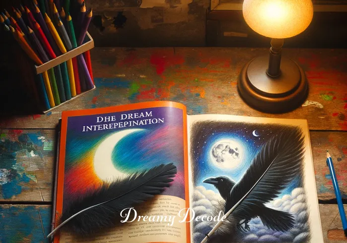 black crow dream meaning _ A brightly colored book on dream interpretation lies open on a wooden table, with a page specifically about black crows highlighted. Next to the book, a child
