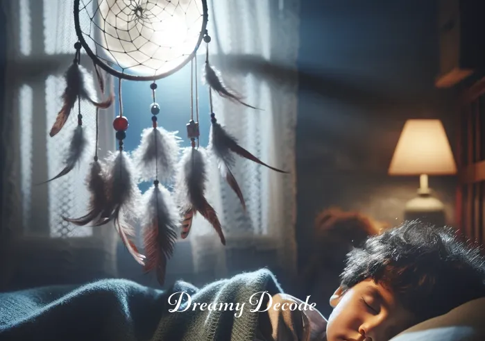 black crow dream meaning _ In a cozy, dimly lit bedroom, a child is tucked in bed, eyes closed with a peaceful expression. Soft moonlight filters through the window, casting a gentle glow on a dreamcatcher that sways above, signifying the process of dreaming about a black crow.