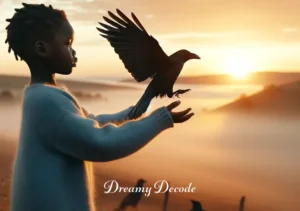 black crow dream meaning _ The same young girl from the first image now stands at the hilltop at dawn, releasing the black crow into the sky. The crow takes flight towards the rising sun, embodying the understanding and acceptance of the dream's message.