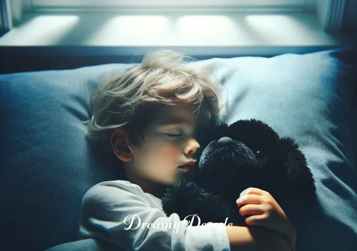 black dog dream meaning _ A young child asleep in bed with a plush black dog toy in their arms, moonlight streaming through the window, casting a gentle glow over the room.