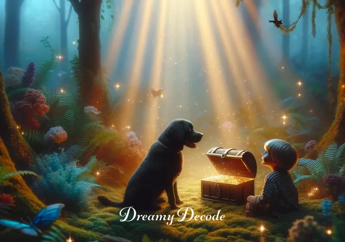 black dog dream meaning _ In the dream, the black dog sits patiently beside a treasure chest in the heart of the forest, as the child approaches with a look of wonder.
