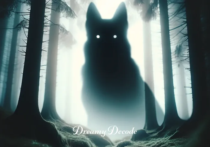 black dog in dream meaning _ A shadowy silhouette of a black dog appearing at the edge of a forest in a dream, with an aura of mystery and intrigue around it.