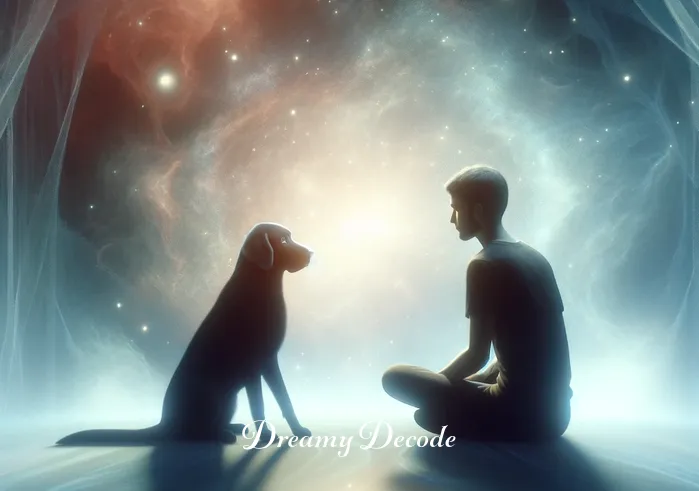 black dog in dream meaning _ The black dog in the dream approaches the dreamer, sitting calmly before them, symbolizing a moment of understanding or revelation.