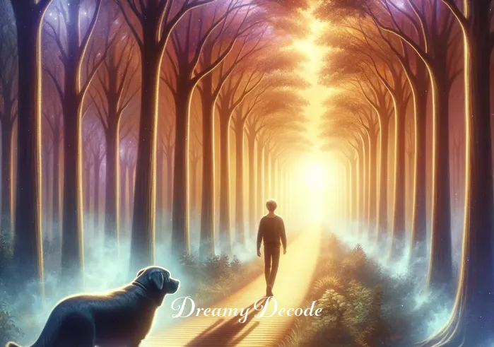 black dog in dream meaning _ The dream concludes with the black dog guiding the dreamer through a brightly lit path in the woods, implying guidance or a journey.