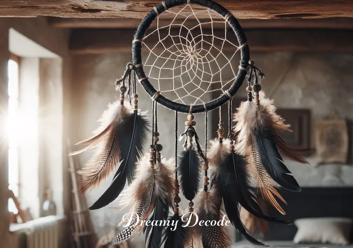 black dream catcher meaning _ A handcrafted black dream catcher with intricate webbing and feathers hanging from a wooden beam in a peaceful, sunlit room, symbolizing protection and the trapping of negative dreams.