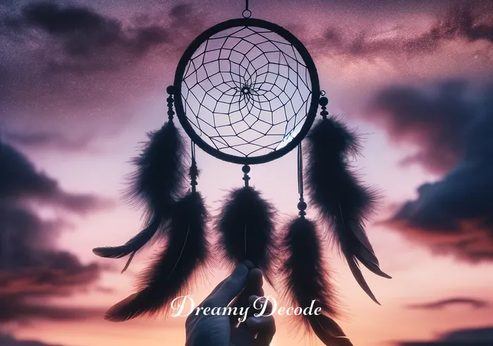 black dream catcher meaning _ A person holding a black dream catcher against a backdrop of a twilight sky, reflecting on the symbolism of dreams and the cultural importance of the dream catcher in providing good energy and sleep.