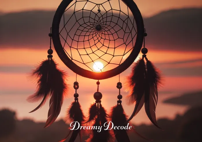 black dream catcher meaning _ A black dream catcher gently swaying in a light breeze outdoors, with the setting sun in the background, representing the passage of time and the dream catcher's role in ensuring peaceful rest.