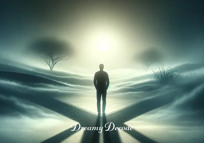 black dream meaning _ A person standing at a crossroads in a dimly lit, misty landscape, with shadows forming ambiguous shapes in the distance, symbolizing the start of a journey into the unknown.