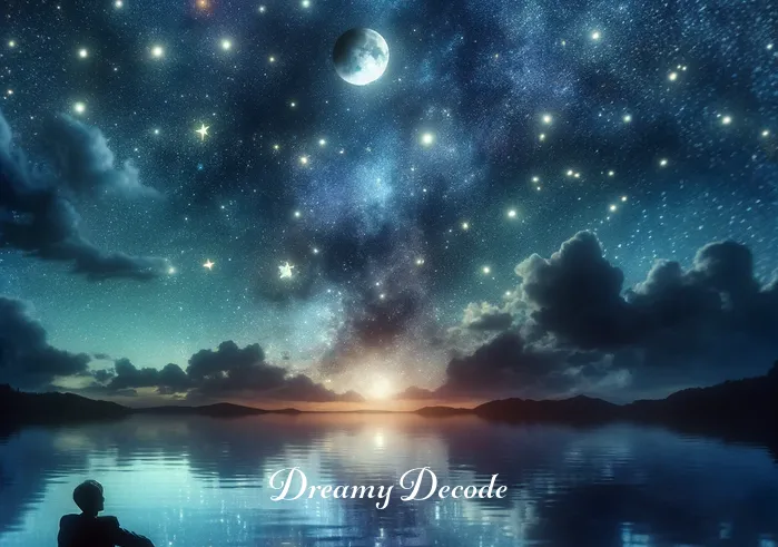 black dream meaning _ A dreamer at the edge of a serene, dark lake under a moonlit sky, peering into the water’s surface as it reflects a myriad of stars, representing introspection and the search for deeper meaning.