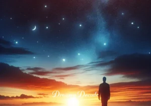 black dream meaning _ The silhouette of the dreamer walking towards the horizon where the early rays of dawn are breaking through the night sky, signifying the dream's end and the awakening to a new understanding or beginning.