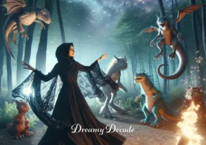 black dress dream meaning _ The young person in the black dress and their cat friend are seen celebrating with fantastical creatures around a campfire in the enchanted forest, with the black dress taking on a life of its own, flowing and dancing with the flickering firelight.