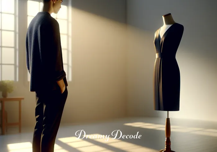 black dress dream meaning auntyflo _ A person standing in a serene, sunlit room, gazing at a sleek black dress on a mannequin, symbolizing the beginning of a journey into the dream