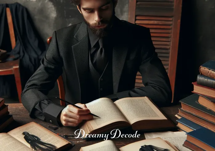 black dress dream meaning auntyflo _ The same individual is now seated at a vintage wooden desk, surrounded by books and notes, deeply engrossed in researching the symbolism of black attire in dreams.