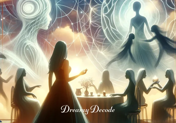black dress dream meaning auntyflo _ A dream sequence where the person is wearing the black dress at a peaceful gathering, interacting with shadows that represent various aspects of their subconscious.