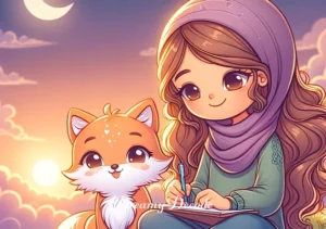bobcat attack dream meaning _ The dream concludes with the girl and the cartoon bobcat sitting side by side on a dreamy, grassy hill, looking at the sunrise, the girl sketching in a notebook, symbolizing a peaceful resolution to the dream encounter.
