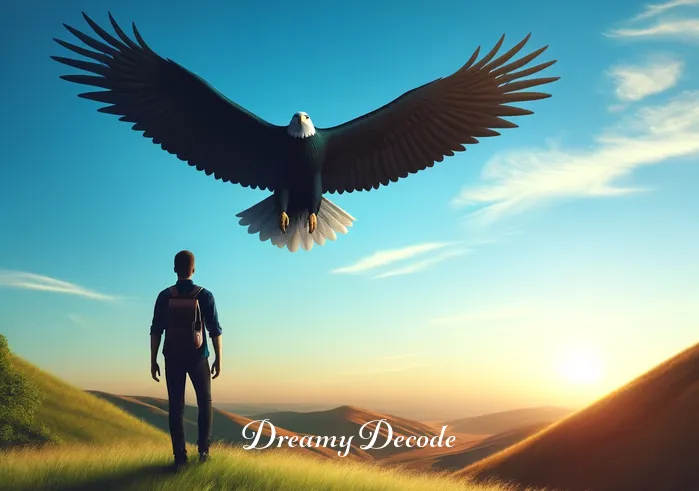 black eagle dream meaning _ A serene scene where a person stands on a grassy hill under a clear blue sky, gazing up as a black eagle soars gracefully above, its wings spread wide in flight, symbolizing the beginning of a journey or quest for understanding.