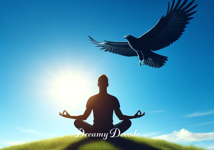 black eagle dream meaning _ The same person now sits cross-legged on the hill, eyes closed in meditation, while the black eagle circles overhead, casting a protective shadow, representing introspection and the search for inner wisdom.