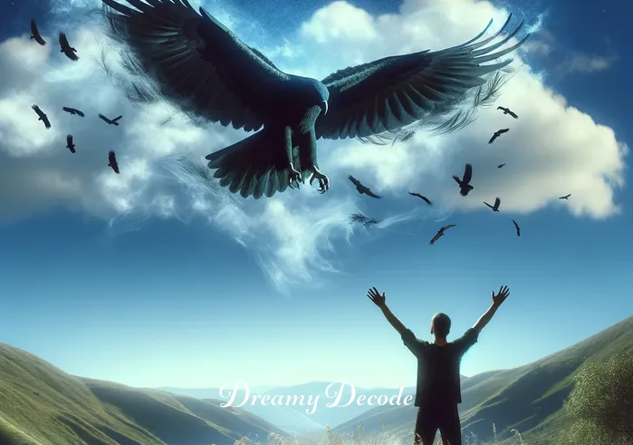 black eagle dream meaning _ The person stands once again, with arms raised high, as the black eagle descends gently towards them, a moment of connection that suggests an impending revelation or the discovery of a hidden truth in the dream.