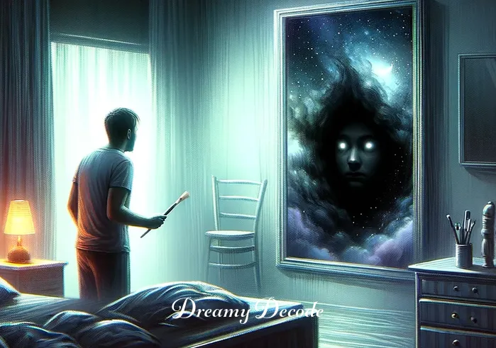 black eye dream meaning _ A dream sequence of a person standing in front of a mirror in a dimly lit room, looking at their reflection with a darkened area under one eye, symbolizing self-reflection or personal insight.