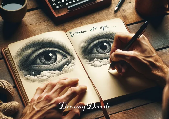 black eyes dream meaning _ The dreamer is seated at a wooden desk, pen in hand, journaling about the dream experience, translating the vision of black eyes into personal insights.