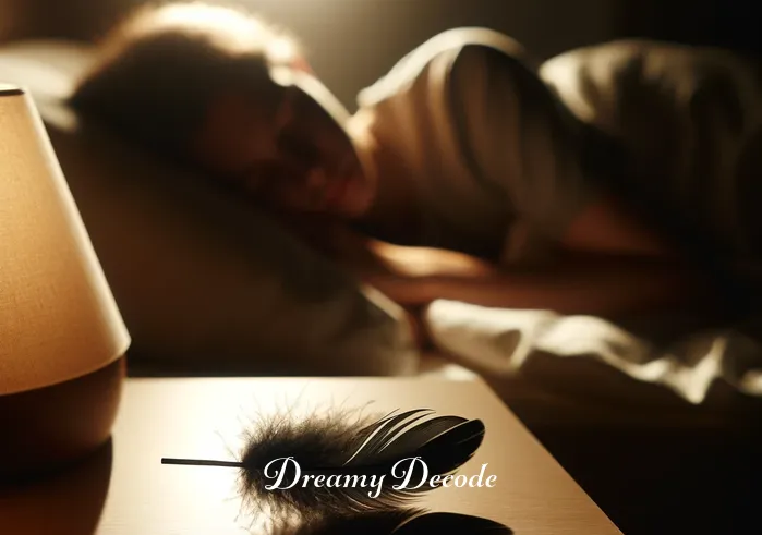 black feather dream meaning _ A person peacefully sleeping with a black feather resting on the nightstand beside them, symbolizing the beginning of a dream journey.