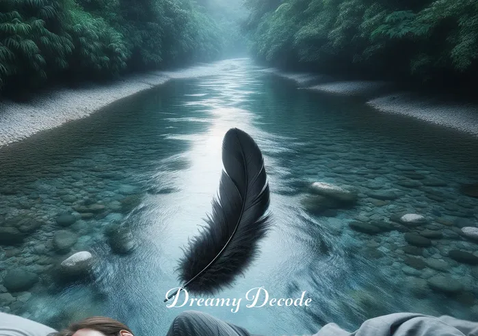 black feather dream meaning _ A dream sequence where the sleeper encounters a black feather floating down a serene river, reflecting self-discovery.