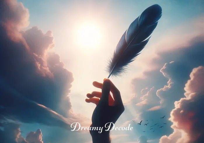 black feather dream meaning _ In the dream, the individual holds the black feather up to the sky, with light filtering through it, signifying insight and understanding.