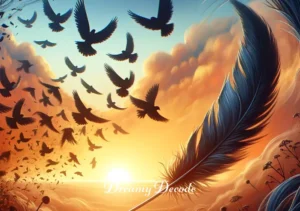 black feather dream meaning _ The dream concludes with the black feather transforming into a flock of birds taking flight at dawn, representing liberation and new beginnings.