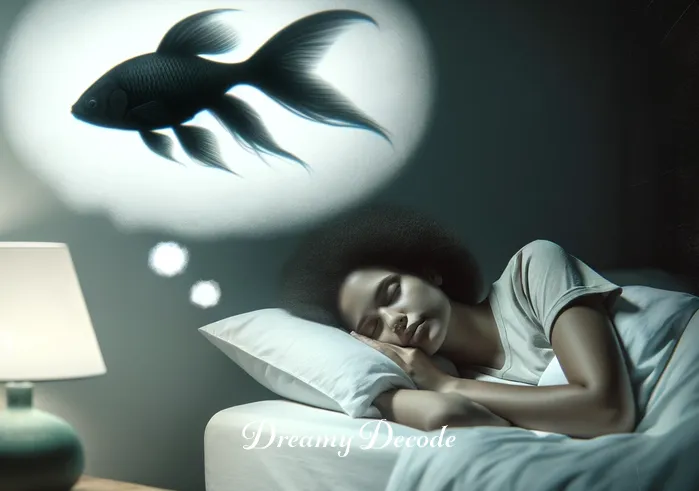 black fish dream meaning _ A person peacefully sleeping in a softly lit room, with a faint silhouette of a black fish swimming in a dream bubble above their head.