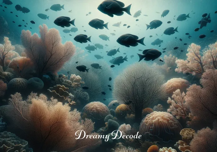black fish dream meaning _ The dream bubble expands to reveal a clear view of a serene underwater scene with multiple black fish gracefully gliding among delicate coral reefs.