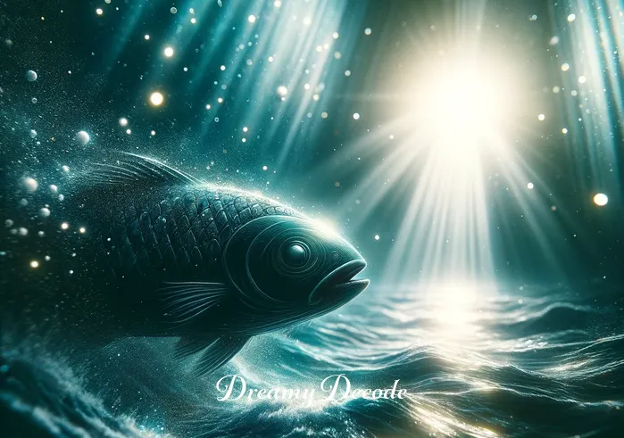 black fish dream meaning _ The focus shifts to a single black fish with shimmering scales, encountering a bright, mysterious light that illuminates the ocean