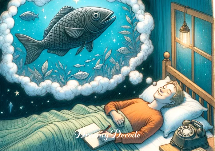 black fish dream meaning _ The person awakens with a gentle smile, jotting down memories of the black fish dream in a journal, hinting at a sense of profound personal insight.