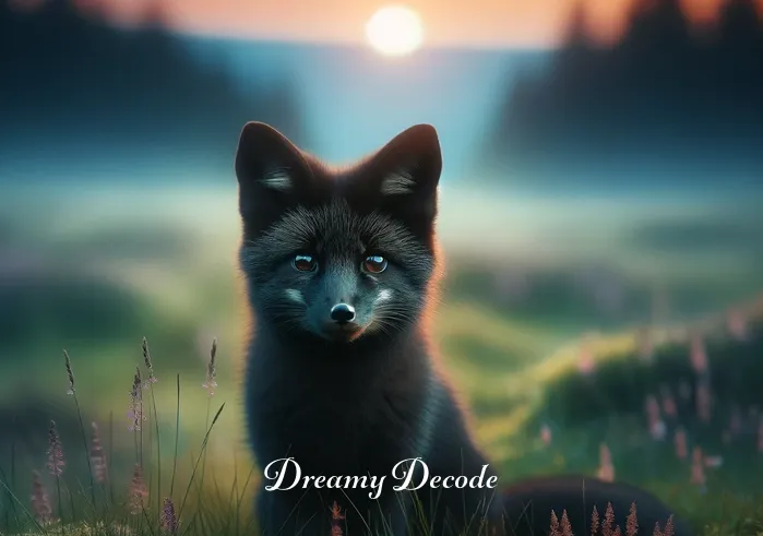 black fox dream meaning _ A peaceful meadow at twilight with a solitary black fox sitting attentively, its ears perked up as if listening to the whispers of the wind, symbolizing the beginning of a journey into the subconscious.