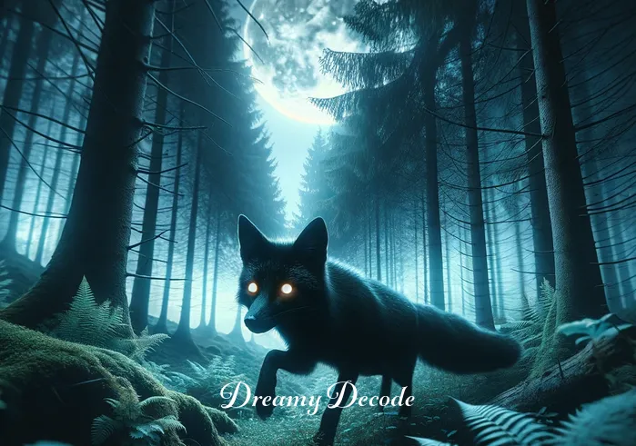 black fox dream meaning _ The same black fox now seen trotting through the dense forest under the moonlight, its eyes glowing, indicating the dreamer
