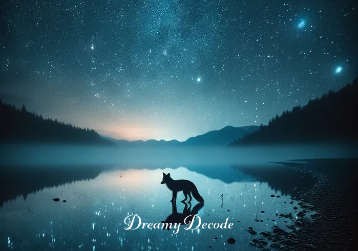 black fox dream meaning _ In a new scene, the black fox is depicted standing at the edge of a shimmering lake, gazing at its reflection, which represents self-realization and understanding in the dream world.