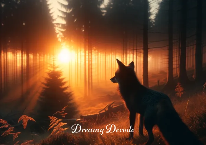 black fox dream meaning _ Finally, the black fox is shown in a clearing, with the first light of dawn breaking through the trees, symbolizing the dreamer's awakening and the illumination of insights gained from the dream.