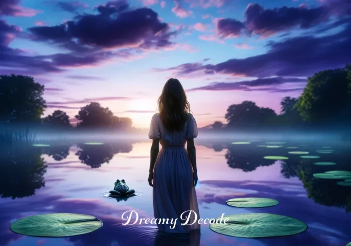 black frog dream meaning _ A dreamer standing at the edge of a serene pond at twilight, peering into the water where a single black frog leaps gracefully from one lily pad to another.