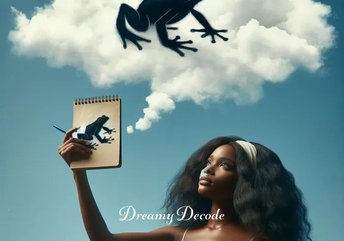 black frog dream meaning _ The dreamer holding the notepad up to the sky, where the image of the black frog blends with the clouds, symbolizing the interpretation of the dream.